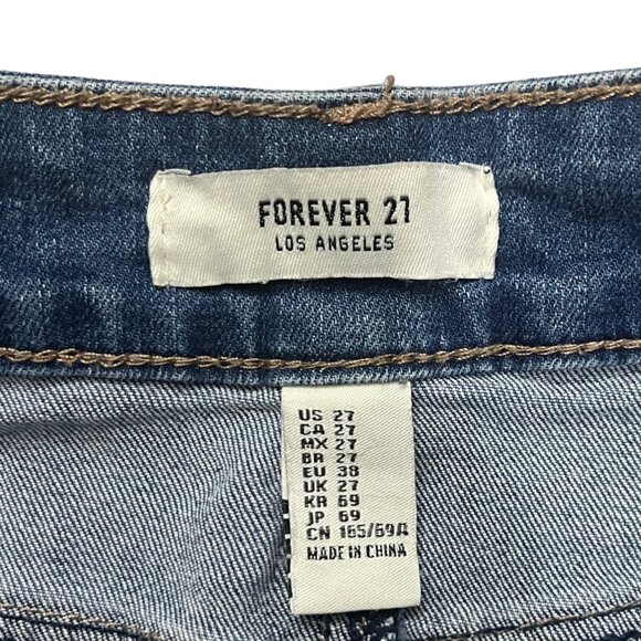 Forever 21 Women’s Distressed Denim Mini Skirt Size 27 Blue Raw Hem Ripped Y2K - Picture 2 of 10